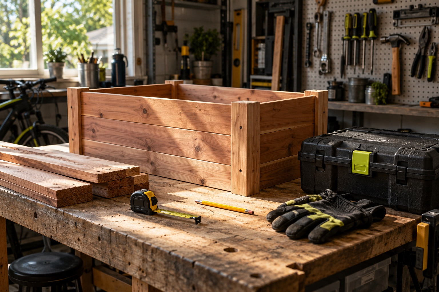 An illustrative home DIY workbench with a cedar planter project.