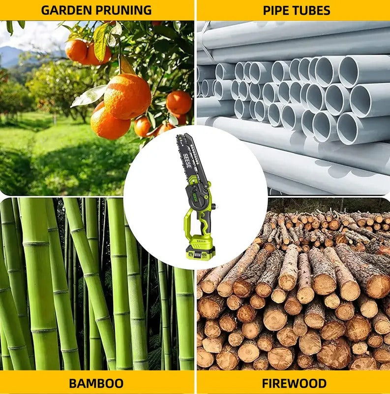 SEESE 2-in-1 Brushless Mini Chainsaw, 8" Electric Telescopic Pruner with 2×21V Batteries, 60° Adjustable Head and Shoulder Strap, Max Reach 15ft
