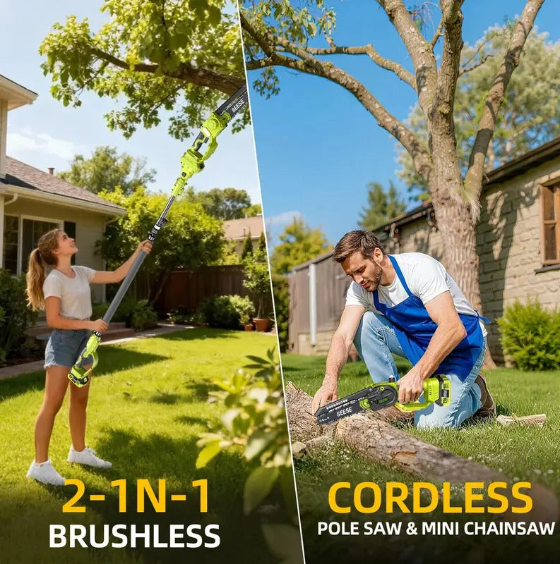 SEESE 2-in-1 Brushless Mini Chainsaw, 8" Electric Telescopic Pruner with 2×21V Batteries, 60° Adjustable Head and Shoulder Strap, Max Reach 15ft