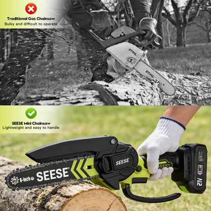 SEESE 6-Inch Cordless Mini Chainsaw for Pruning and Wood Cutting