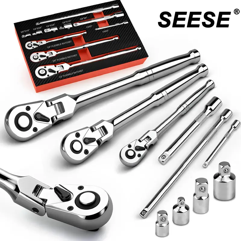SEESE Flex-Head Ratchet Wrench Set with Extensions and Adapters