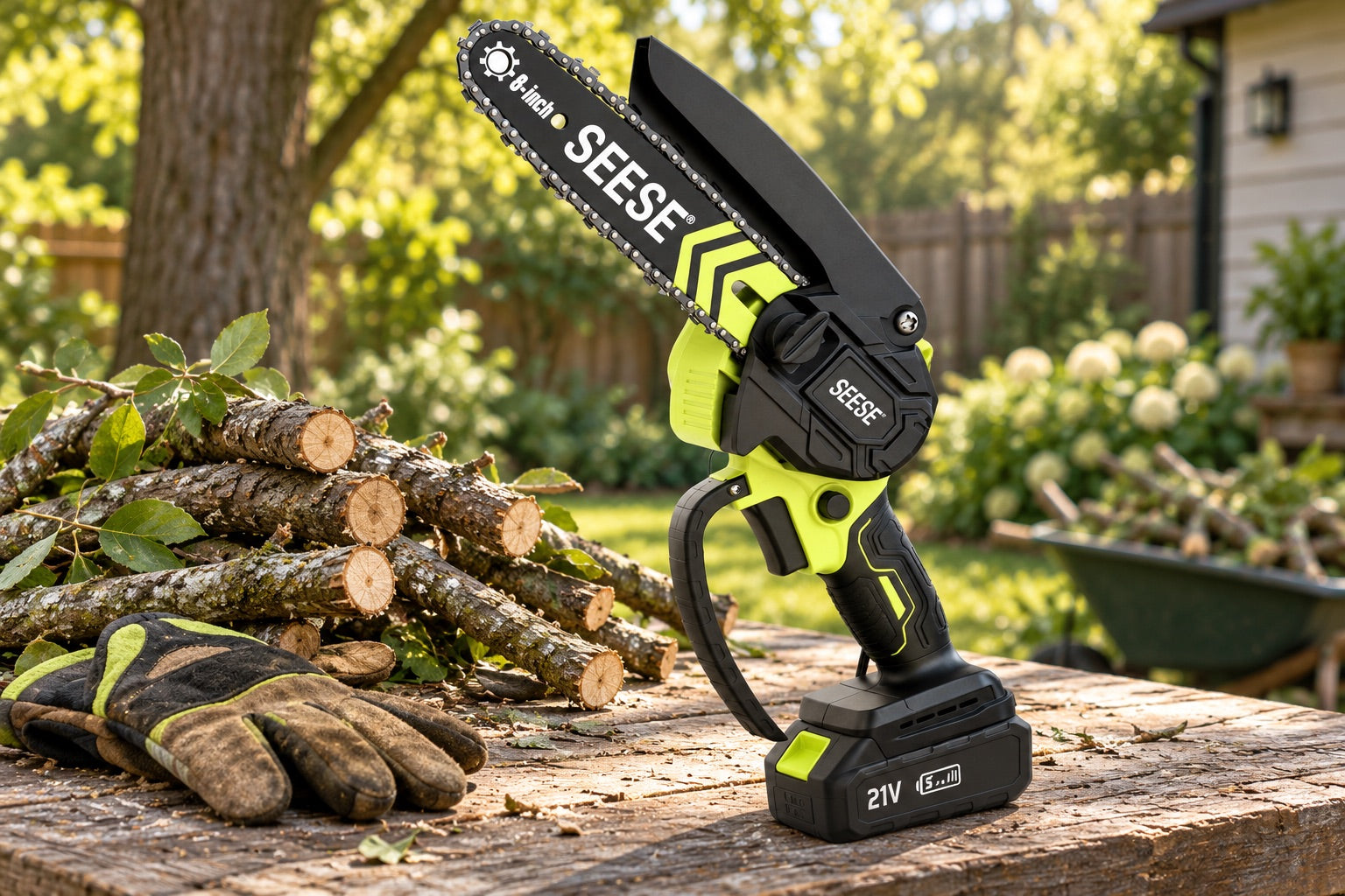 Illustrative mini chainsaw scene on an outdoor workbench; see product media for model and package details.