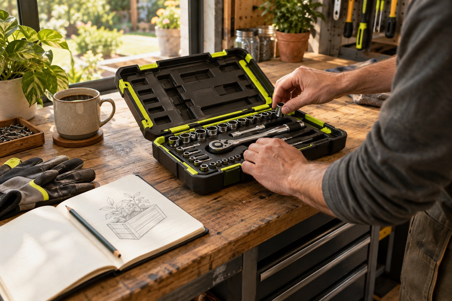 Hands preparing a black and fluorescent-green tool case on a warm wooden workbench beside a project sketch and a cup of coffee.