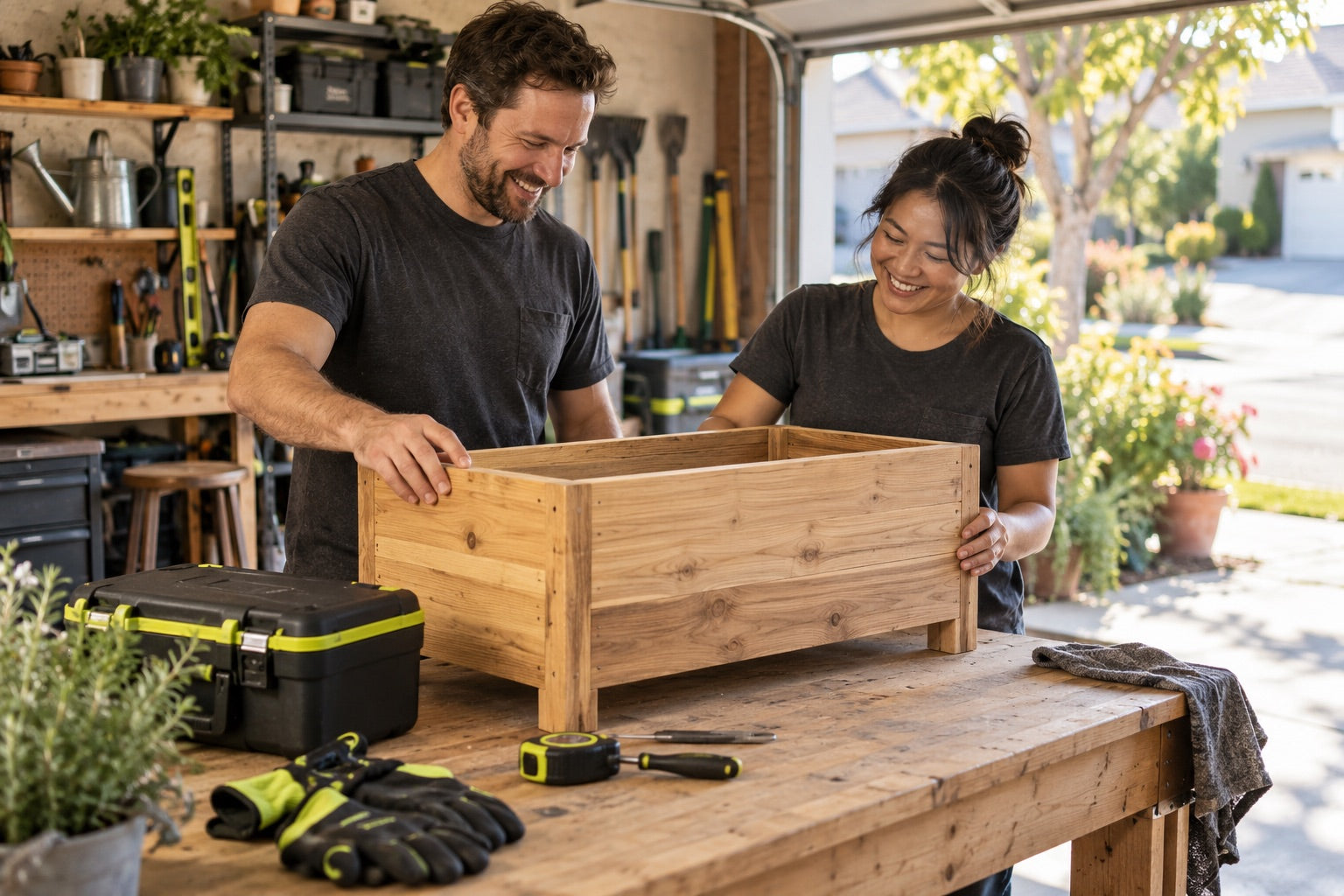 Two people enjoying a weekend woodworking project in a sunlit home workshop, with black and fluorescent-green accents.